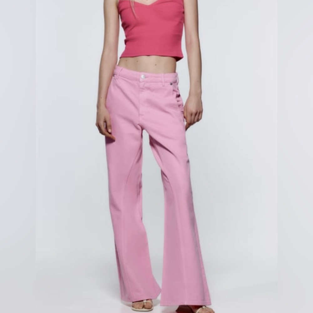 Zara Bubblegum Pink High Waist Wide Leg Trousers Jeans